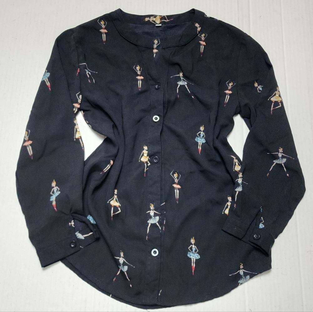 Black Ballerina Print Button-Up Blouse